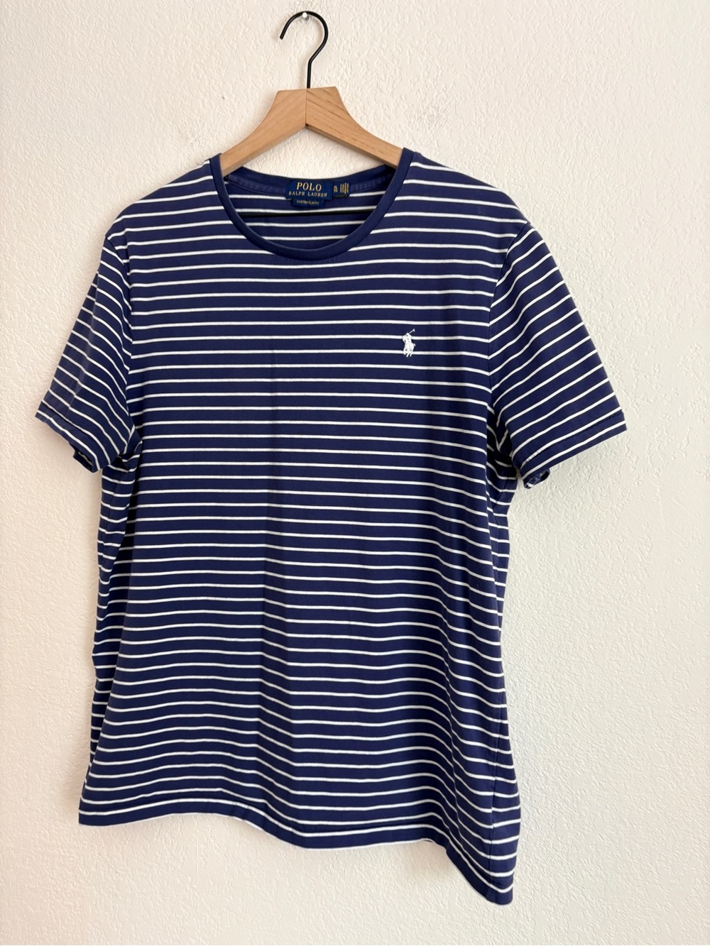 Polo by Ralph Lauren Navy Striped Crew Neck Tee Custom Slim Fit